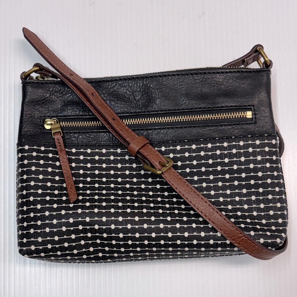 Fossil Black/White Dots Coated Canvas Crossbody Bag Purse Brass Charm